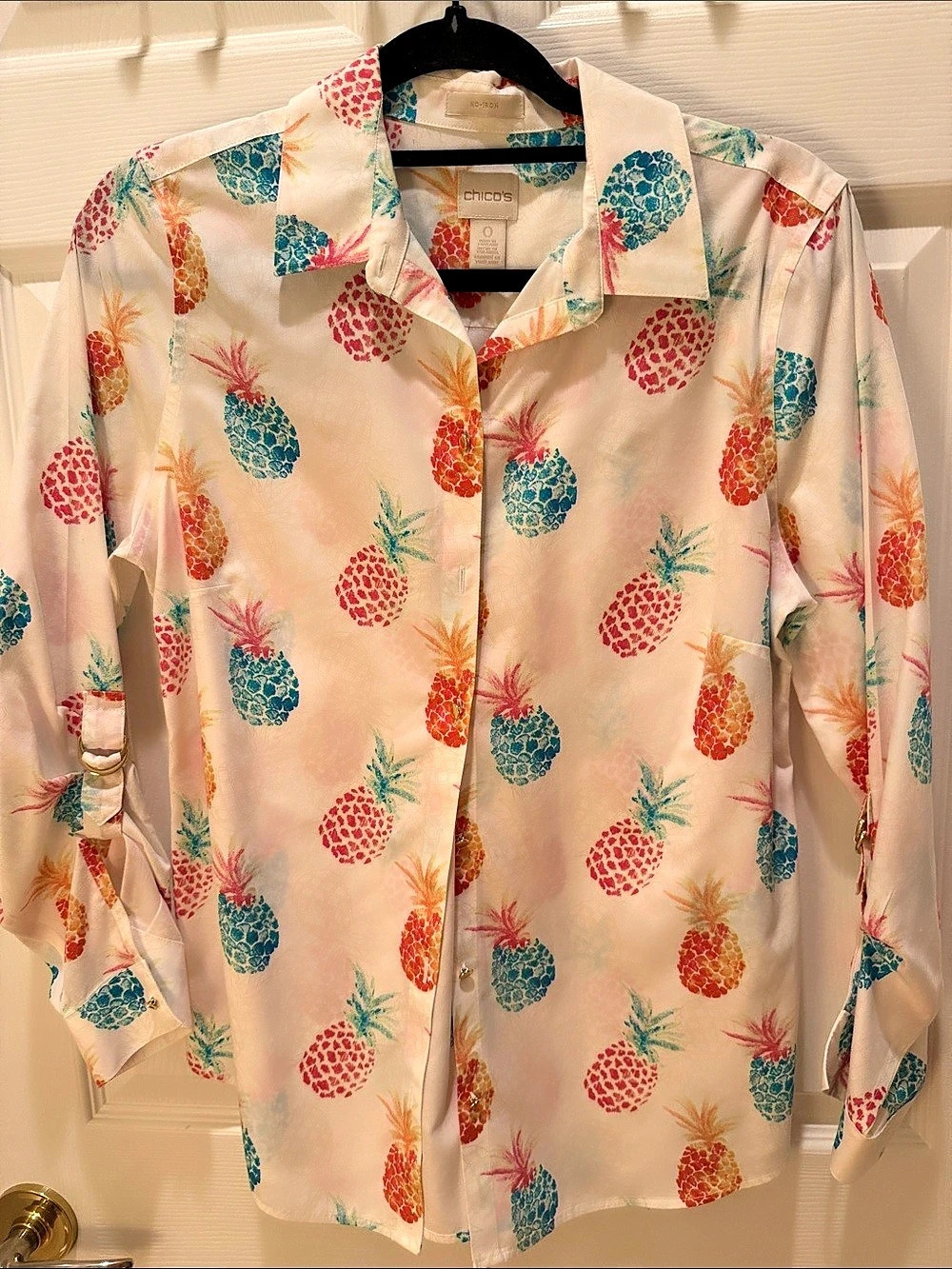 Chico's Pineapple Print Button Down No Iron shirt. Size S.